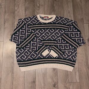 90’s Vintage Geometric Knit Crewneck Sweater - Navy & Cream